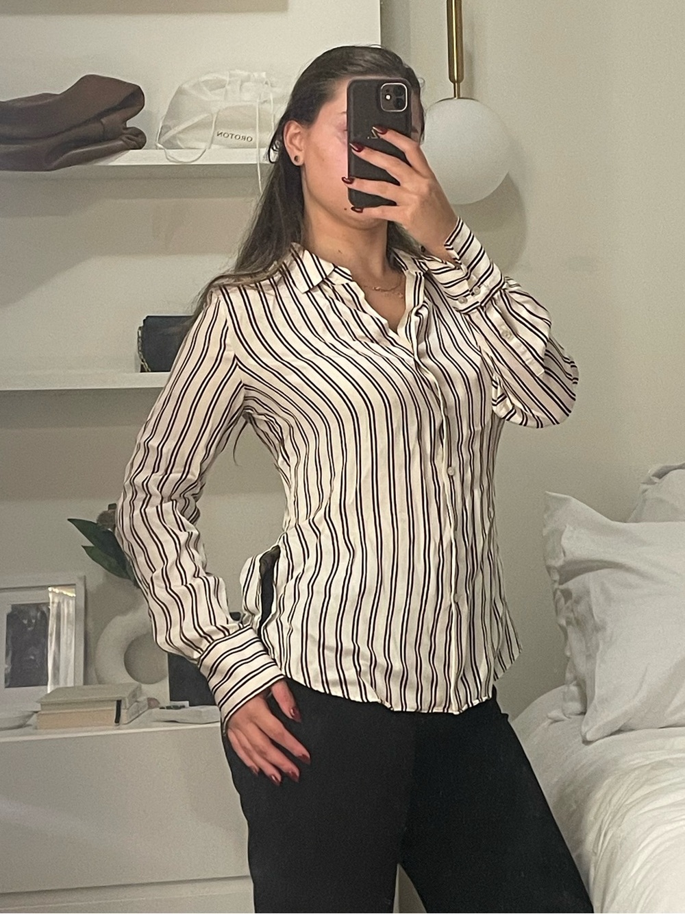 Satin brown and white striped button down blouse